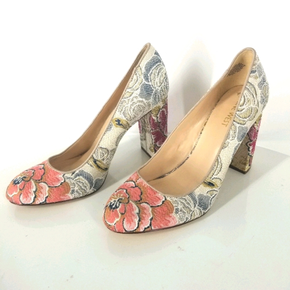 Nine West Floral Jacquard Pumps Heels 8.5 Pink Tan
